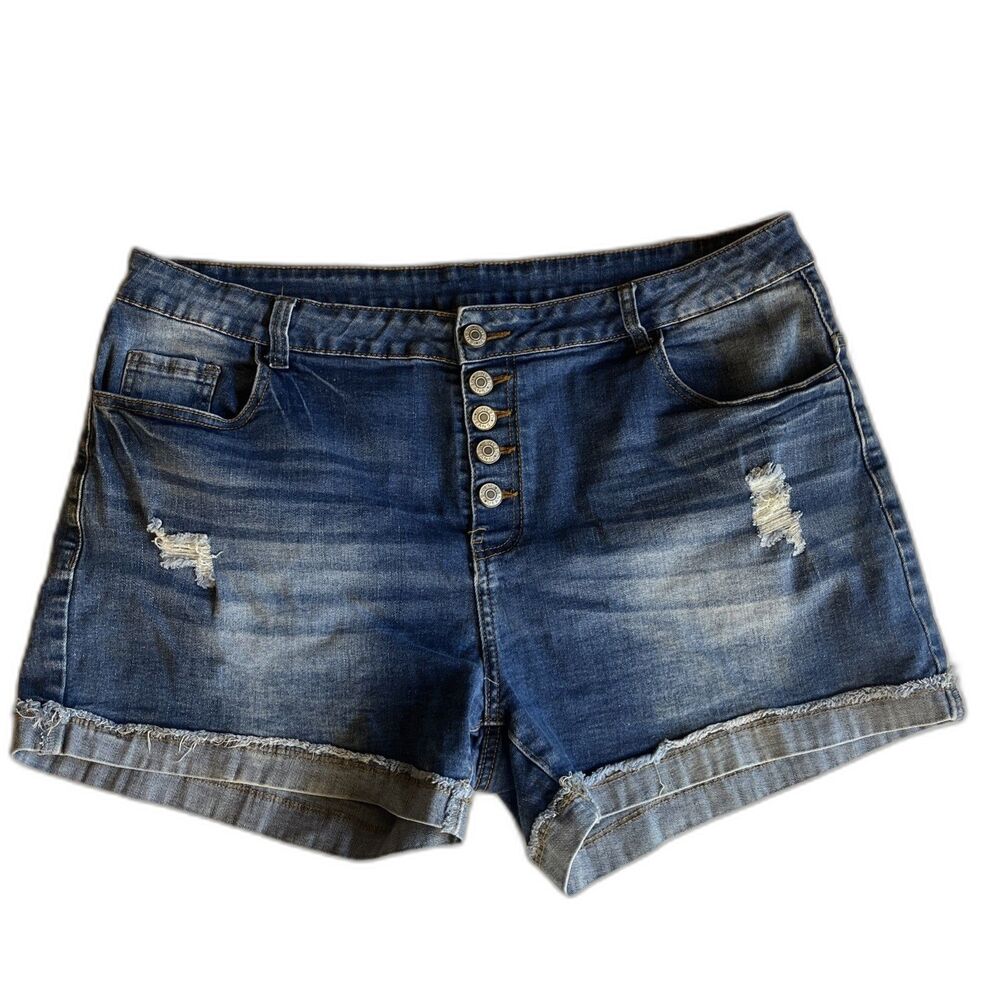 Womens XXL Boyfriend Denim Shorts Blue Cotton Stretch Mid Rise Distressed Casual